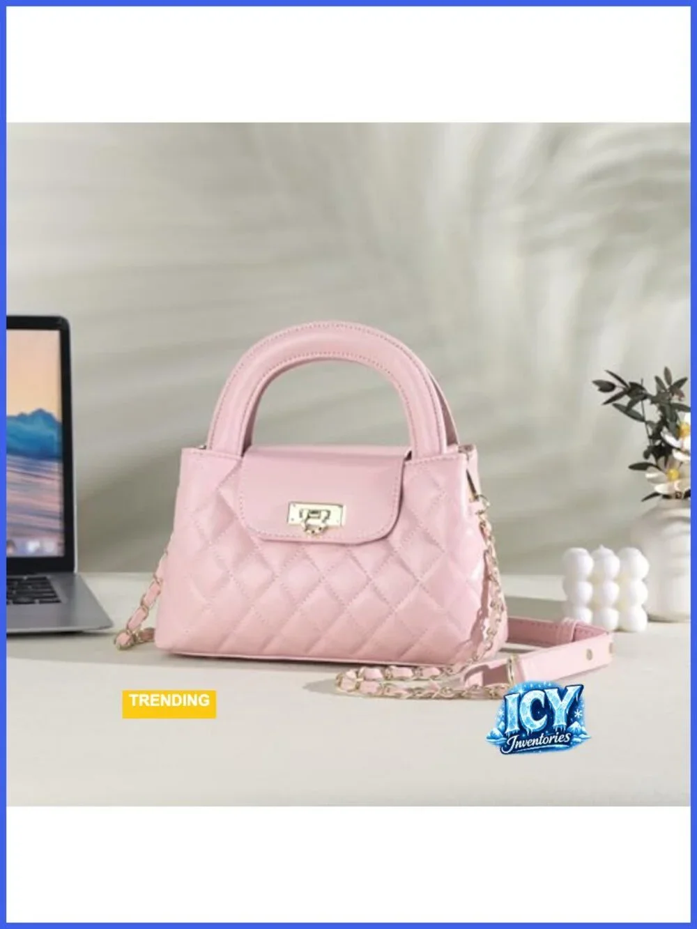 Small Quilted Crossbody Purse for Women Faux Leather Top Handle Bag with Chain